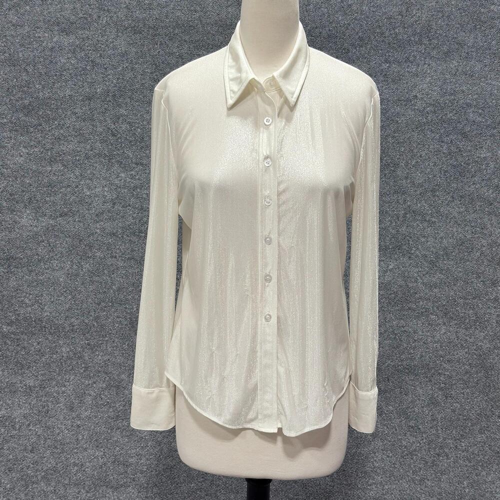 Catalyst Shirt Womens 10 White Shimmer Button Front Long Sleeve Stretch Top